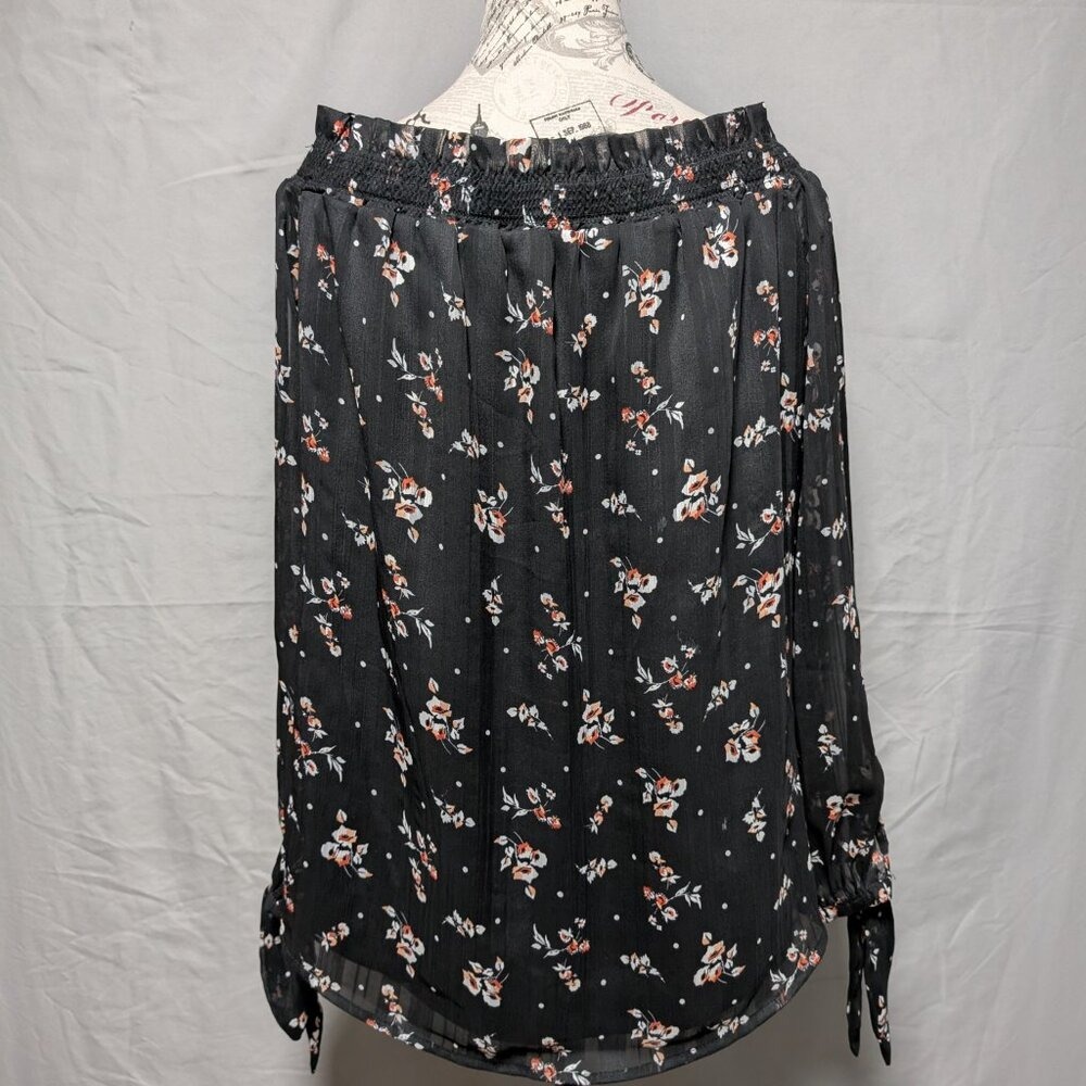 WAYF Black Floral Off-Shoulder‎ Sheer Peasant Floral Blouse Women's Medium - Picture 4 of 8